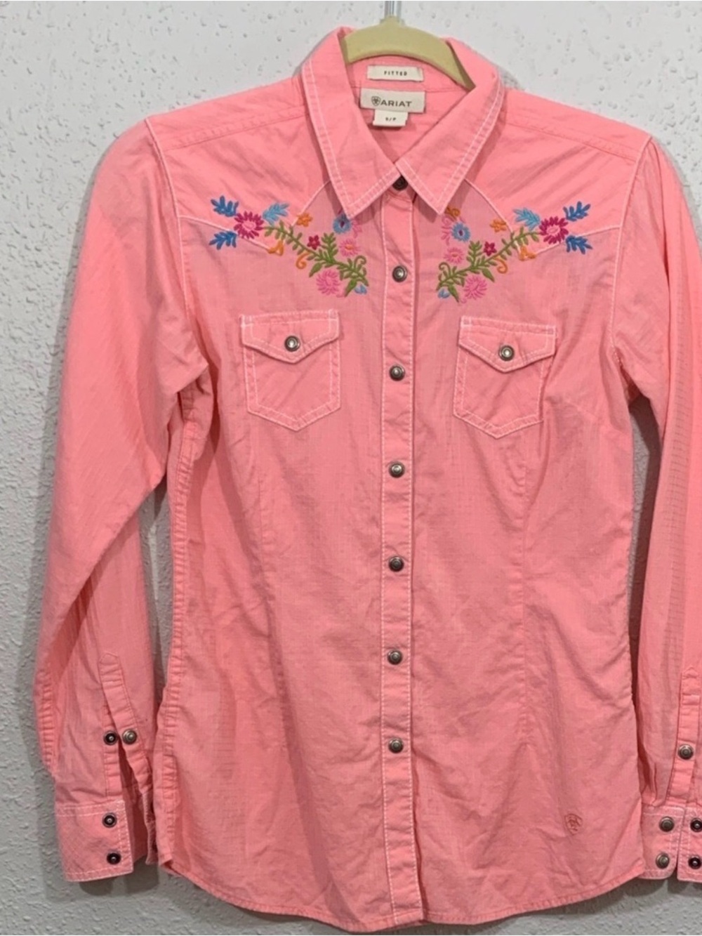 Ariat Pearl Snap Pink Floral Embroidered Western Shirt